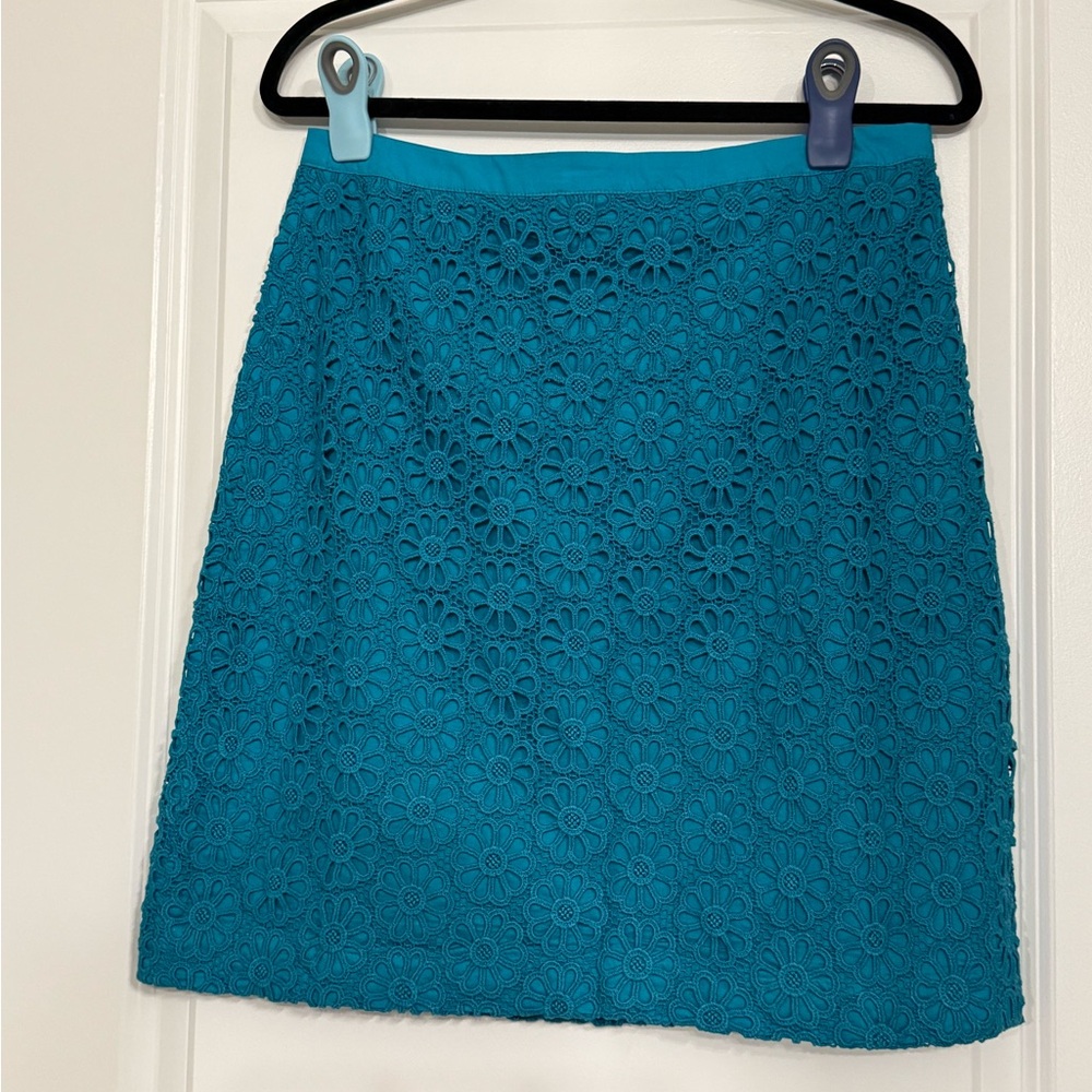 Talbots Petites Turquoise Blue Floral Lace Overlay Skirt Size 6P NWT